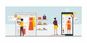 card showing a shopper posing in a smart mirror, and getting perfect fit sizing results and virtual try on.